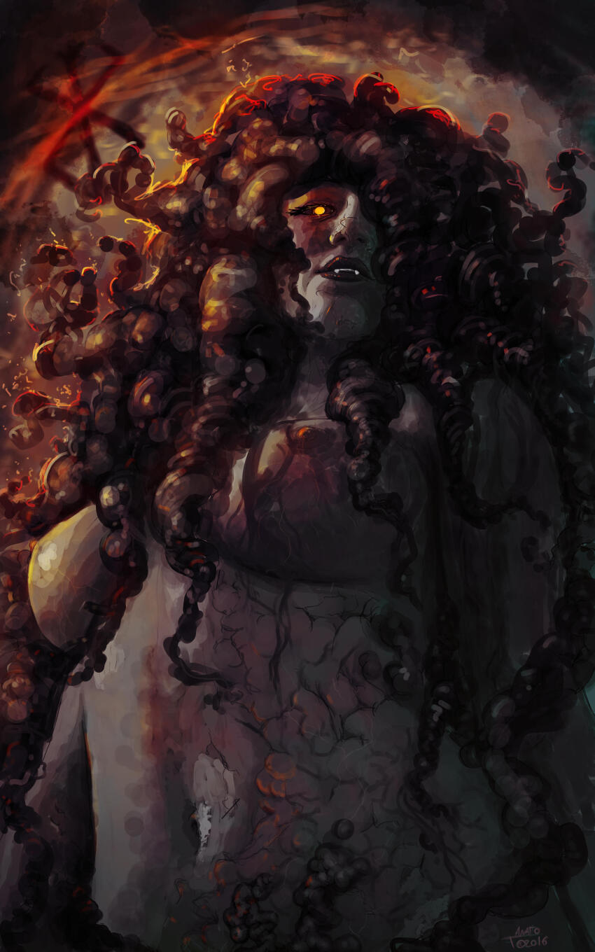 1girl absurdres anato_finnstark artist_name bare_legs bare_shoulders berserk black_hair black_lips black_sclera breasts colored_sclera curly_hair dark_background dated demon demon_girl fangs from_below glowing glowing_eye hair_between_breasts hair_over_one_eye highres intestine_hair large_breasts long_hair looking_at_viewer navel nipples nude sidelocks slan_(berserk) solo stomach teeth upper_body upper_teeth_only veins very_long_hair yellow_eyes