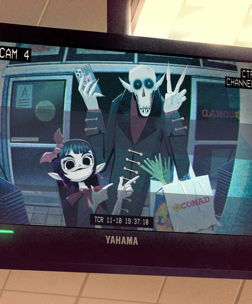 1boy 1girl bag bald black_eyes black_hair black_sclera cellphone colored_sclera cross cross_earrings dracula earrings fangs highres horror_(theme) indoors jewelry long_hair phone pointing pointing_at_another pointy_ears red_ribbon ribbon security_camera selfie shop shopping_bag sliding_doors smile teo_skaffa toon_(style) v vampire white_eyes