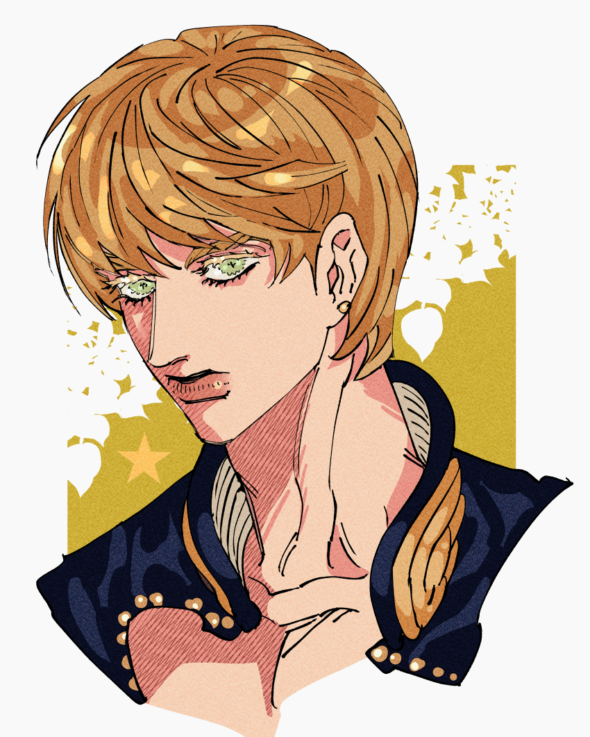 1boy absurdres alternate_hair_color blonde_hair commentary danggo99 earrings expressionless giorno_giovanna green_eyes haruno_shiobana highres jewelry jojo_no_kimyou_na_bouken korean_commentary male_focus portrait solo stud_earrings vento_aureo yellow_background