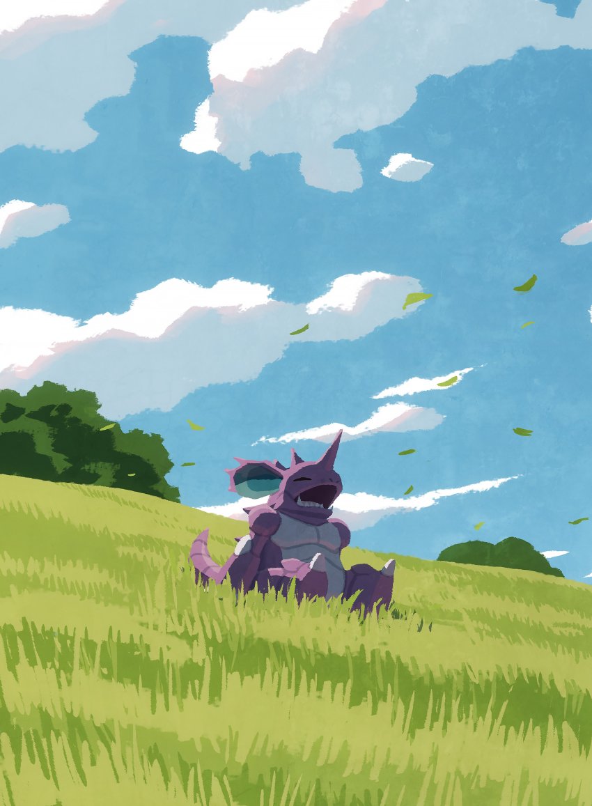 absurdres blue_sky claws closed_eyes cloud day fangs gen_1_pokemon grass highres horns hyogonosuke leaf nidoking nintendo no_humans open_mouth outdoors pokemon pokemon_(creature) single_horn sitting sky sleeping sleeping_upright solo
