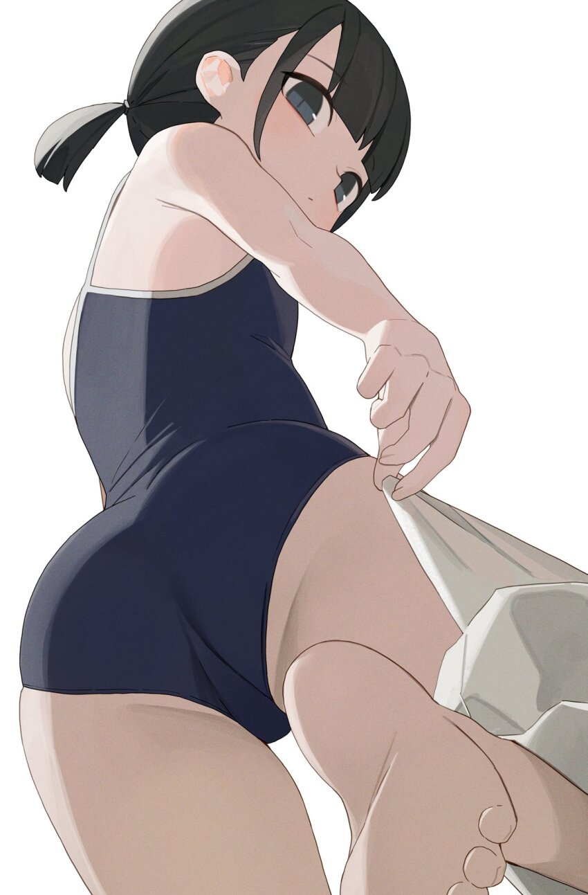 1girl ass barefoot black_eyes black_hair blue_one-piece_swimsuit from_behind from_below highres hiroki_(yyqw7151) looking_at_viewer one-piece_swimsuit original school_swimsuit short_hair simple_background soles solo standing standing_on_one_leg swimsuit toes white_background