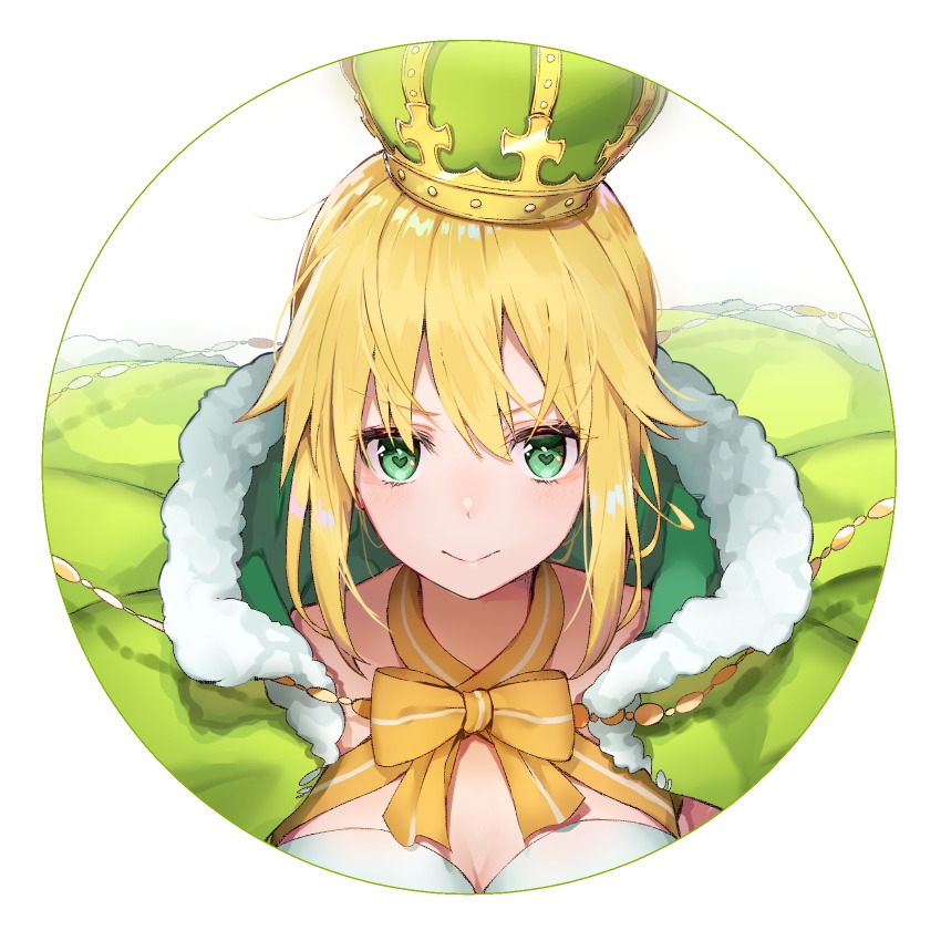 1girl artoria_pendragon_(fate) artoria_pendragon_(swimsuit_archer)_(fate) artoria_pendragon_(swimsuit_archer)_(third_ascension)_(fate) black_cola blonde_hair bow breasts cloak closed_mouth crown fate/grand_order fate_(series) female_focus fur-trimmed_cloak fur_trim green_cloak green_crown green_eyes hair_between_eyes heart heart-shaped_pupils highres long_hair medium_breasts one-piece_swimsuit sidelocks smile solo strapless strapless_one-piece_swimsuit striped_bow swimsuit symbol-shaped_pupils white_background white_one-piece_swimsuit yellow_bow