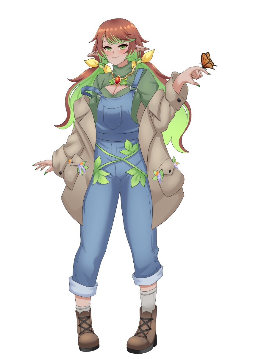 1girl absurdres alternate_costume alternate_hairstyle blue_overalls blush boots breasts brown_footwear brown_hair bug butterfly butterfly_on_hand cleavage closed_mouth colored_inner_hair commentary commission dark-skinned_female dark_skin english_commentary faelie_fallwood fingernails frog_hair_ornament full_body green_eyes green_hair green_nails green_shirt hair_ornament highres insect lips looking_at_viewer multicolored_hair nexas_(vtuber) overalls pointy_ears puffywaffles second-party_source shirt shoes simple_background smile socks solo standing streaked_hair twintails two-tone_hair virtual_youtuber white_background white_socks