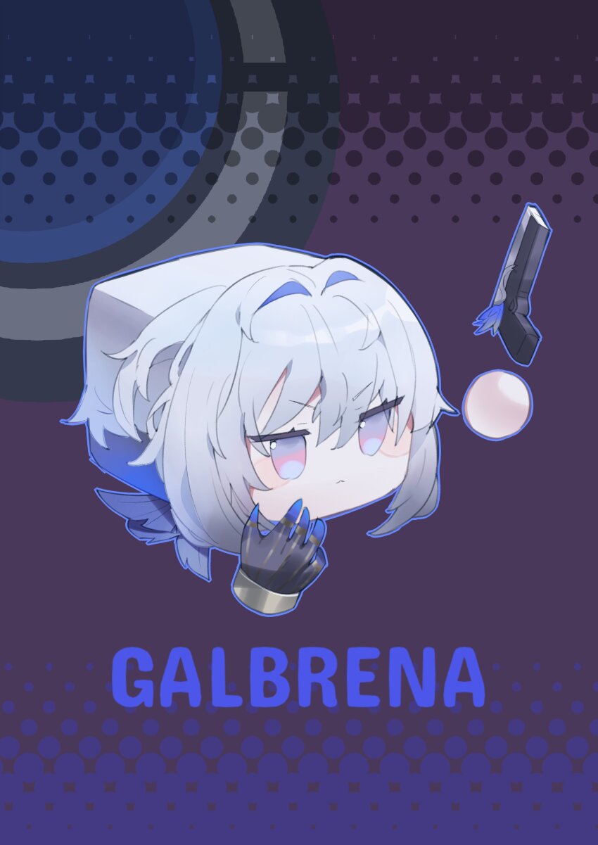 absurdres blue_eyes blue_nails character_name closed_mouth commentary_request cube_(wuthering_waves) fingernails galbrena_(wuthering_waves) gun hair_between_eyes hair_intakes hand_up highres looking_ahead no_humans purple_background shigureszku short_hair v-shaped_eyebrows weapon white_hair wuthering_waves