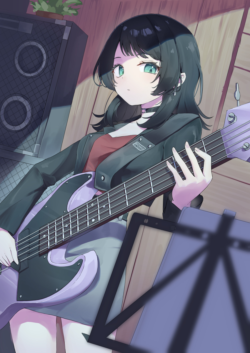 1girl 5-string_bass_guitar absurdres bang_dream! bang_dream!_it&#039;s_mygo!!!!! bass_guitar black_choker black_hair black_jacket choker cowboy_shot electric_guitar extended_range_bass_guitar green_eyes grey_skirt guitar highres instrument jacket kitahara_(pixiv_19528441) medium_hair miniskirt music music_stand open_clothes open_jacket pencil_skirt plant playing_instrument plectrum potted_plant skirt solo speaker yahata_umiri