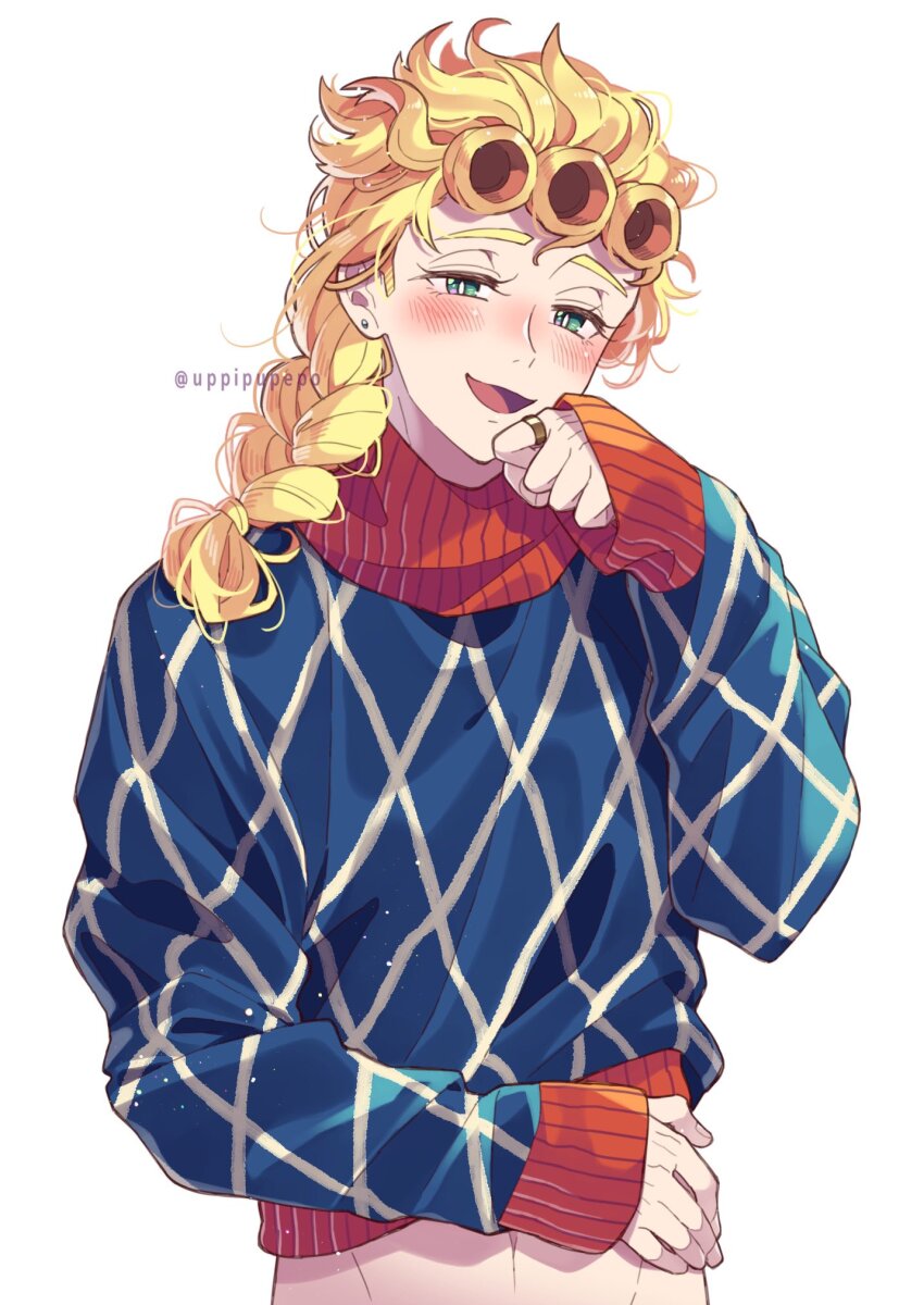 1boy aqua_eyes blonde_hair blue_shirt braid cosplay crop_top giorno_giovanna guido_mista guido_mista_(cosplay) highres jojo_no_kimyou_na_bouken long_hair long_sleeves male_focus midriff navel shirt solo uppi vento_aureo white_background