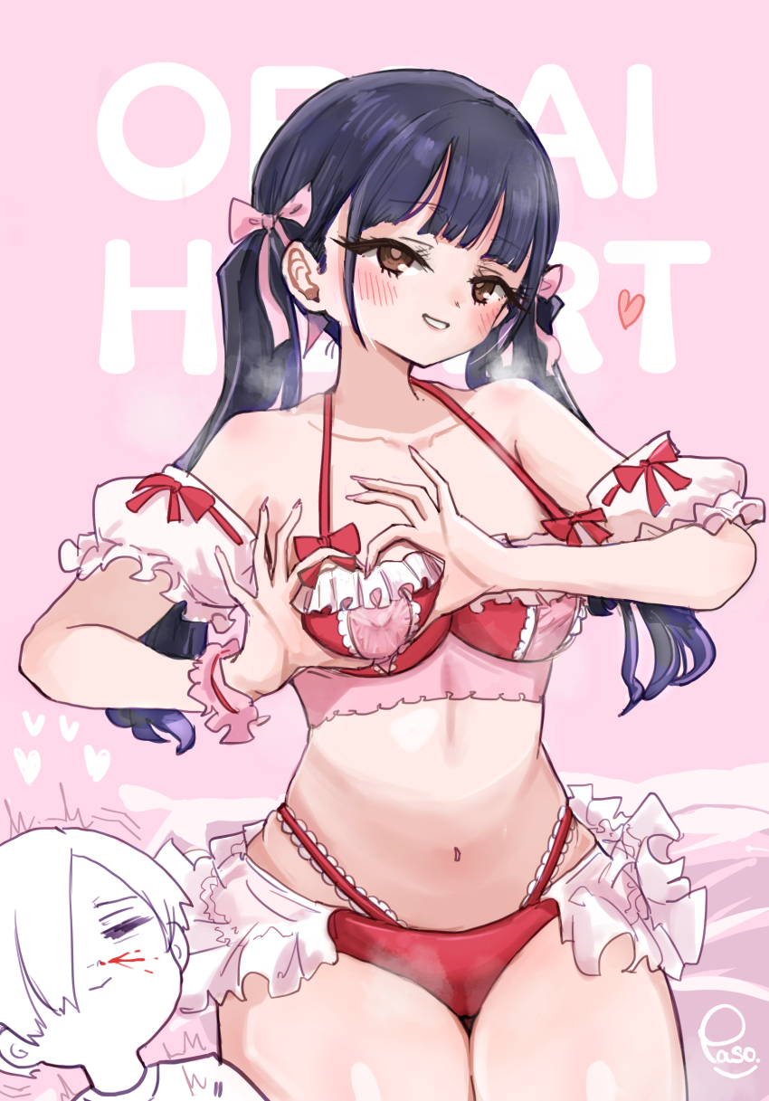 1boy 1girl bikini black_hair blood blush boku_no_kokoro_no_yabai_yatsu breasts brown_eyes commentary_request covered_erect_nipples detached_sleeves frilled_bikini frills grin heart heart-shaped_boob_challenge heart_hands highres ichikawa_kyoutarou large_breasts large_variant_set long_hair looking_at_viewer navel nosebleed official_alternate_costume paso pink_background red_bikini ribbon smile solo_focus swimsuit variant_set yamada_anna