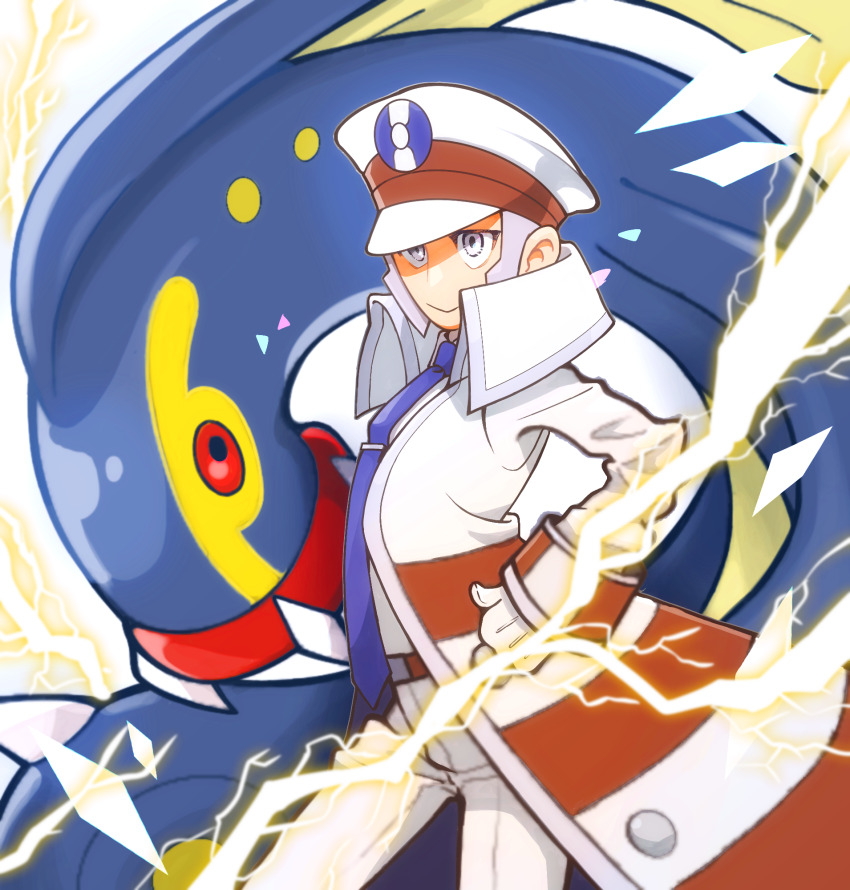 1boy belt blue_necktie claws coat collared_shirt eel eelektross electricity emmet_(pokemon) fangs fins fish gen_5_pokemon gloves grey_eyes grey_hair hand_on_own_hip hat head_fins highres lamprey n_nokeo necktie nintendo pants pokemon pokemon_(creature) pokemon_bw red_eyes shirt short_hair sideburns smile white_background white_coat white_gloves white_hat white_pants white_shirt