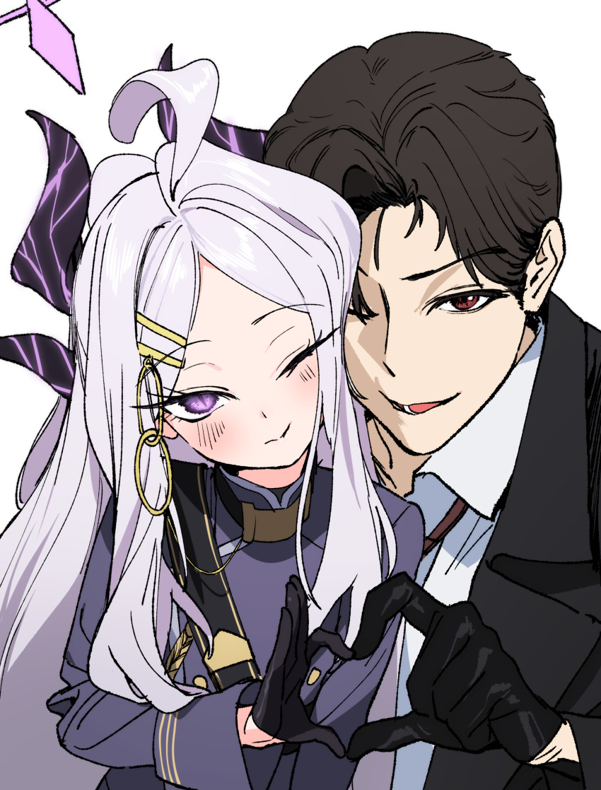 1boy 1girl absurdres ahoge bad_id bad_pixiv_id black_gloves black_hair black_horns black_suit blue_archive dorontabi formal_clothes gloves halo heart heart_hands highres hina_(blue_archive) horns long_hair looking_at_viewer one_eye_closed purple_eyes purple_halo red_eyes sensei_(blue_archive) shirt short_hair simple_background suit upper_body very_long_hair white_background white_hair white_shirt