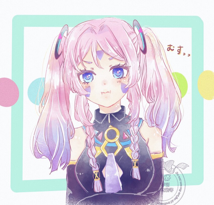 1girl :i alternate_hairstyle bare_shoulders blue_eyes braid breasts citlali_(genshin_impact) commentary_request facial_mark forehead_mark genshin_impact gradient_hair highres long_hair looking_at_viewer medium_breasts multicolored_hair narita_(narita1511) pink_hair purple_hair solo translation_request twin_braids twintails upper_body