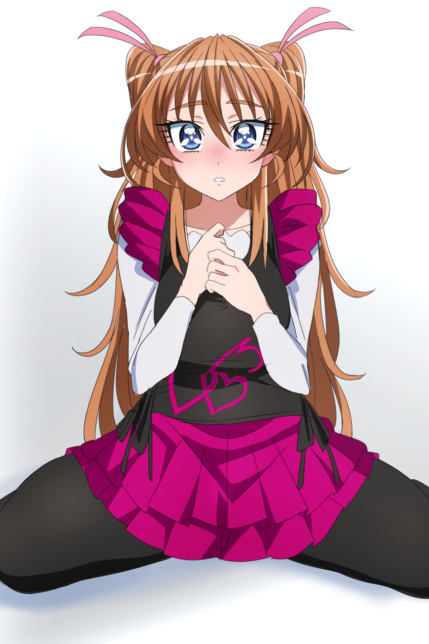 1girl absurdres black_pantyhose black_shirt blue_eyes blush bow brown_hair closed_mouth commentary hair_bow highres houjou_hibiki long_hair looking_at_viewer oimanji pantyhose pink_bow precure shirt solo suite_precure two_side_up white_background