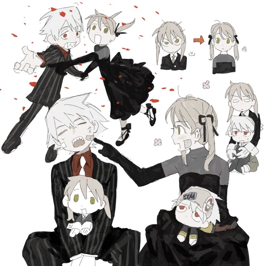 1boy 1girl bandaid bandaid_on_face black_dress black_footwear black_ribbon collarbone collared_shirt dot_nose dress elbow_gloves gloves grey_hair highres jacket long_sleeves ma_fu maka_albarn messy_hair necktie poking red_eyes red_shirt ribbon sharp_teeth shirt smile soul_eater soul_evans striped_clothes striped_jacket teeth white_background white_necktie