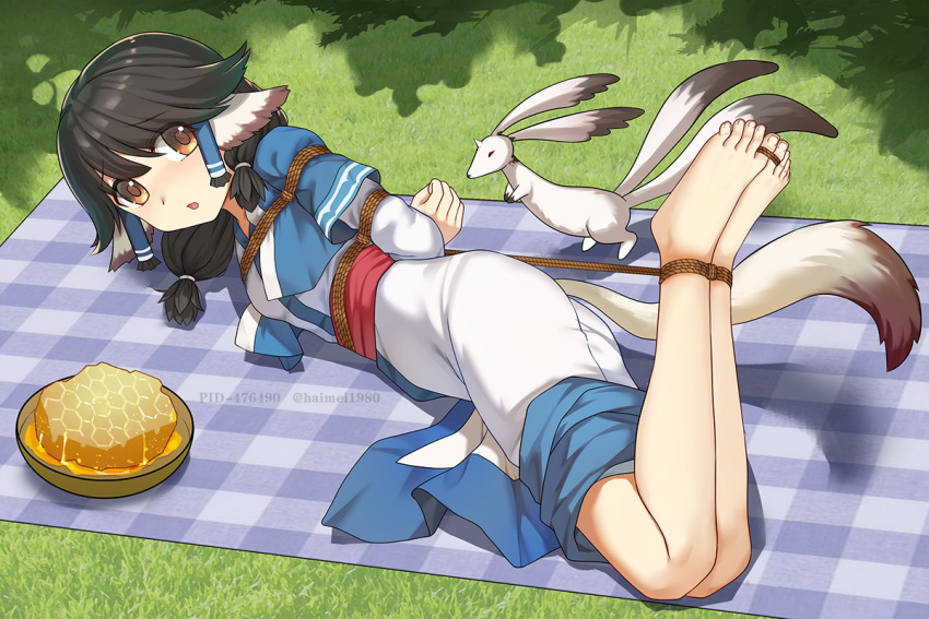 1girl ainu_clothes animal_ears arms_behind_back aruruu barefoot bdsm black_hair bondage bound bound_ankles bound_arms bound_wrists brown_eyes haimei1980 hair_tubes hogtie layered_sleeves looking_at_viewer restrained shibari solo tail toes utawarerumono utawarerumono:_itsuwari_no_kamen