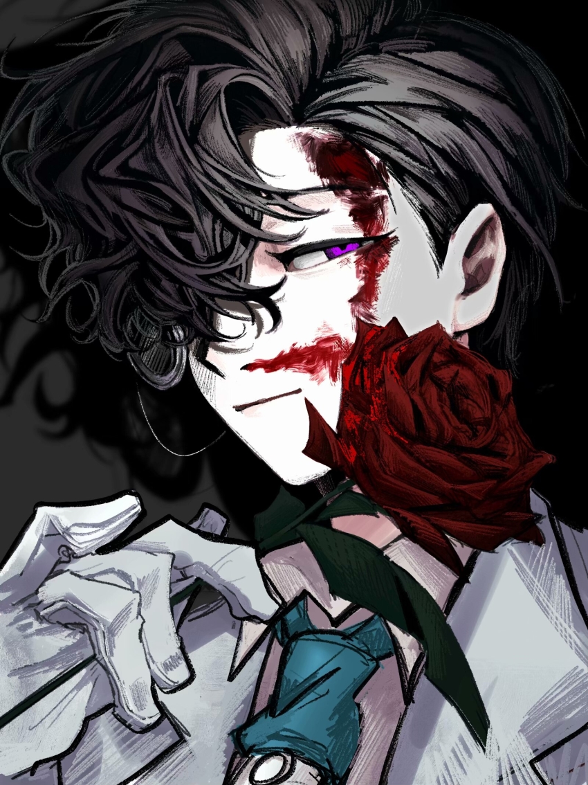 1boy aqua_necktie beijingban18388 black_background black_hair blood blood_on_face chinese_commentary closed_mouth collared_shirt commentary_request flower gloves hair_over_one_eye highres holding holding_flower identity_v jacket lapels male_focus necktie notched_lapels open_clothes open_jacket orpheus_(identity_v) portrait purple_eyes red_flower red_rose rose shirt solo variant_set white_gloves white_jacket white_shirt