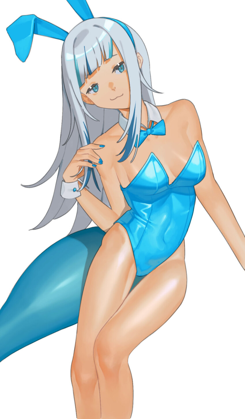 1girl :3 alternate_costume alternate_skin_color animal_ear_hairband animal_ears armpit_crease bare_shoulders blue_bow blue_bowtie blue_eyes blue_hair blue_hairband blue_leotard blue_nails blue_streaks blue_tail blunt_bangs bow bowtie breasts closed_mouth collar collarbone commentary contrapposto covered_navel curled_fingers detached_collar english_commentary eyebrows_hidden_by_hair fake_animal_ears feet_out_of_frame fingernails fins fish_tail gawr_gura grey_hair groin_tendon hair_flaps hairband half-closed_eyes hand_up head_tilt highleg highleg_leotard highres hip_bones holding holding_own_hair hololive hololive_english karassawa knees large_tail leaning_to_the_side leg_up legs_together leotard long_eyelashes long_fingernails long_hair long_legs long_sidelocks looking_at_viewer multicolored_hair narrowed_eyes oversized_breast_cup playboy_bunny rabbit_ear_hairband rabbit_ears raised_eyebrows seductive_smile shark_girl shark_tail shiny_skin sidelocks single_ear_down small_breasts smile smirk solo standing standing_on_one_leg straight-on strapless strapless_leotard streaked_hair tail tan thick_eyelashes thick_tail thighs very_long_hair virtual_youtuber white_collar white_wrist_cuffs wide_hips wrist_cuffs