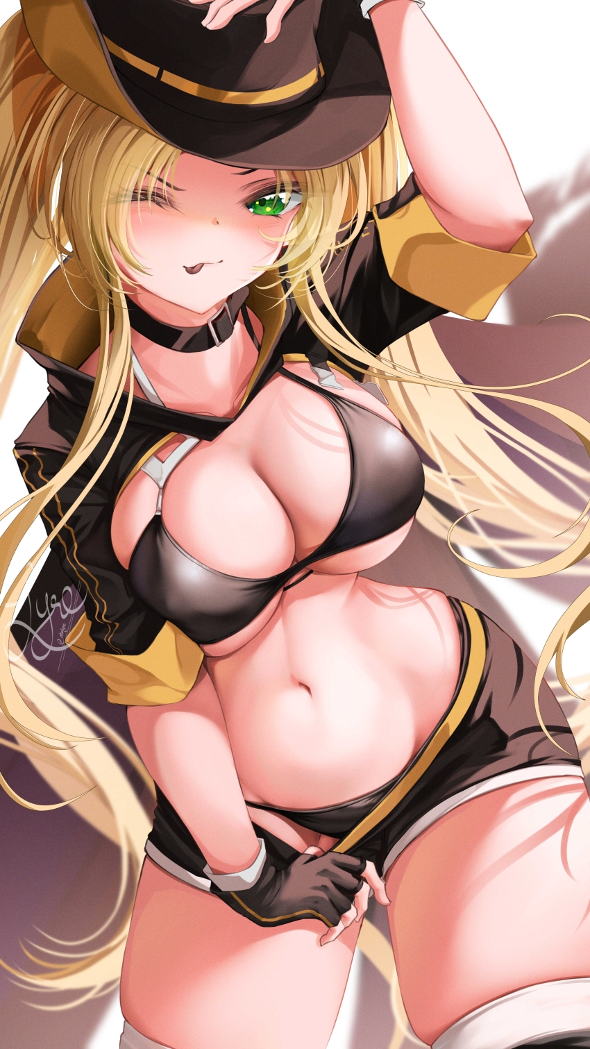 1girl absurdres arm_up azur_lane belt bikini bikini_top_only black_bikini black_choker black_gloves black_hat black_shrug black_thighhighs blonde_hair blush breasts choker cleavage clothes_pull collarbone commentary cowboy_hat cowboy_shot english_commentary fingerless_gloves gloves green_eyes groin hat highres hornet_(azur_lane) hornet_ii_(azur_lane) large_breasts long_hair looking_at_viewer lyre_(otsulyre) navel one_eye_closed parted_bangs pulling_own_clothes short_shorts shorts shorts_pull shrug_(clothing) sidelocks signature simple_background skindentation smile solo standing stomach swimsuit thighhighs tongue tongue_out twintails very_long_hair white_background white_thighhighs yellow_belt