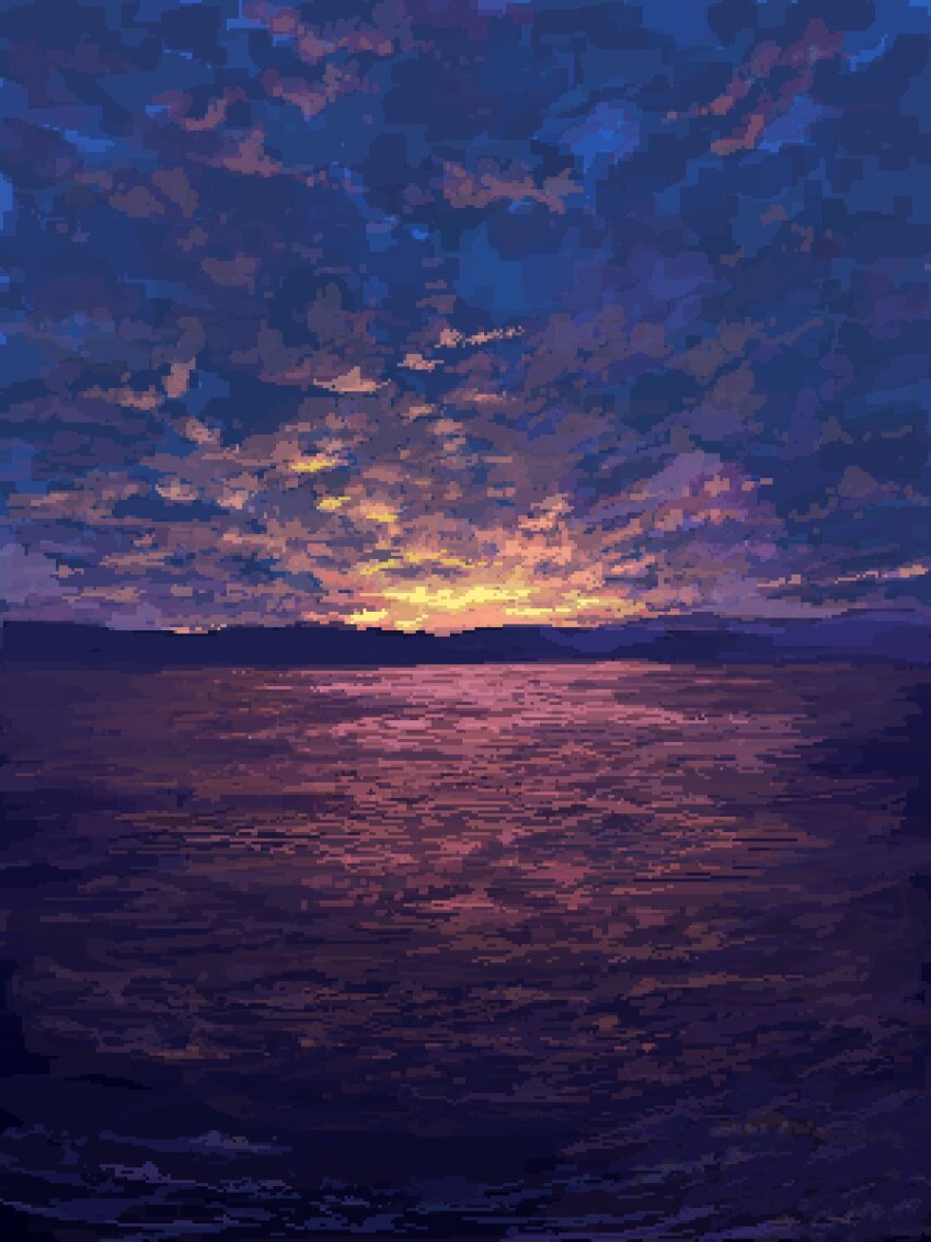 blue_sky cloud cloudy_sky dark glowing highres hisachan55cute mountainous_horizon no_humans ocean original pixel_art reflection reflective_water scenery sky sky_focus sunset water