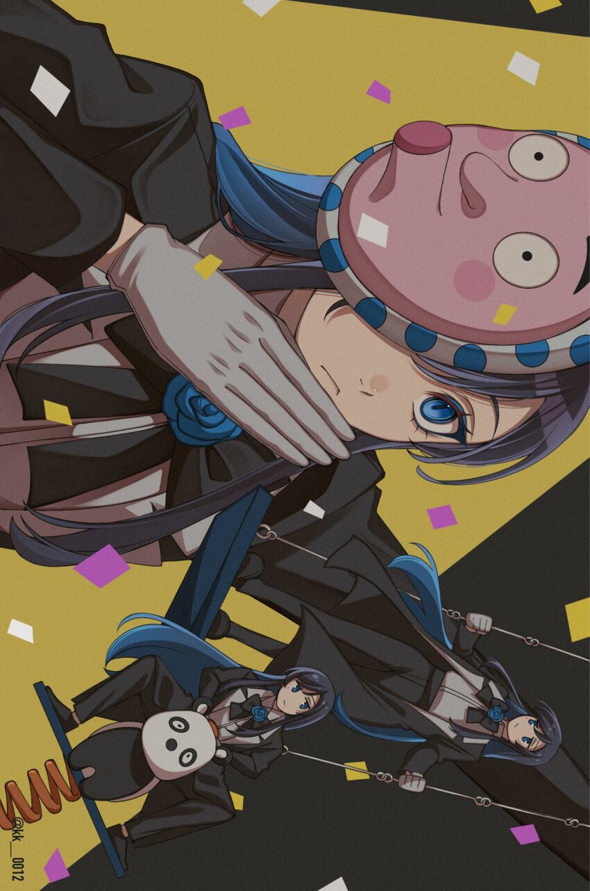 1girl ado_(utaite) black_bow black_bowtie black_coat black_pants blue_eyes blue_flower blue_hair blue_rose bow bowtie brooch chando_(ado) closed_mouth coat commentary confetti ego_rock_(vocaloid) flower flower_brooch highres jewelry keeko_(kk_0012) long_hair mask mask_on_head multiple_views on_swing pants rose shirt sideways swing utaite white_shirt