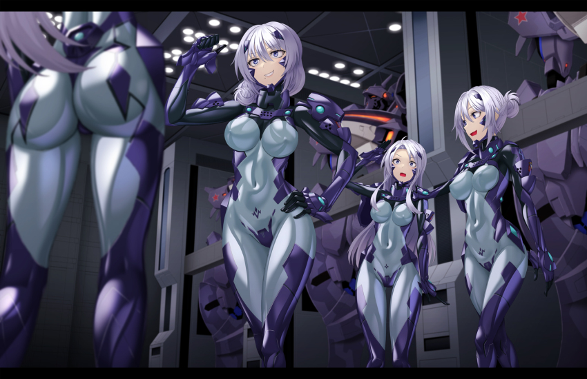 4girls :d armored_bodysuit ass blue_bodysuit blue_eyes bodysuit breasts commentary_request covered_erect_nipples covered_navel fortified_suit grin hand_on_own_hip hangar headgear impossible_bodysuit impossible_clothes kurione_(zassou) large_breasts long_hair mecha mecha_pilot_suit medium_breasts mole mole_under_mouth multicolored_bodysuit multiple_girls muv-luv muv-luv_alternative muv-luv_total_eclipse open_mouth original purple_bodysuit purple_hair robot shiny_clothes skin_tight smile standing su-37_terminator_(muv-luv) tactical_surface_fighter two-tone_bodysuit