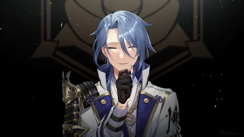 1boy absurdres armor black_gloves blue_hair buku2_suisou closed_eyes facing_viewer genshin_impact gloves highres jacket japanese_armor kamisato_ayato laughing light_particles loose_hair_strand male_focus mole mole_under_mouth parted_hair shirt shoulder_armor sode solo upper_body white_jacket white_shirt