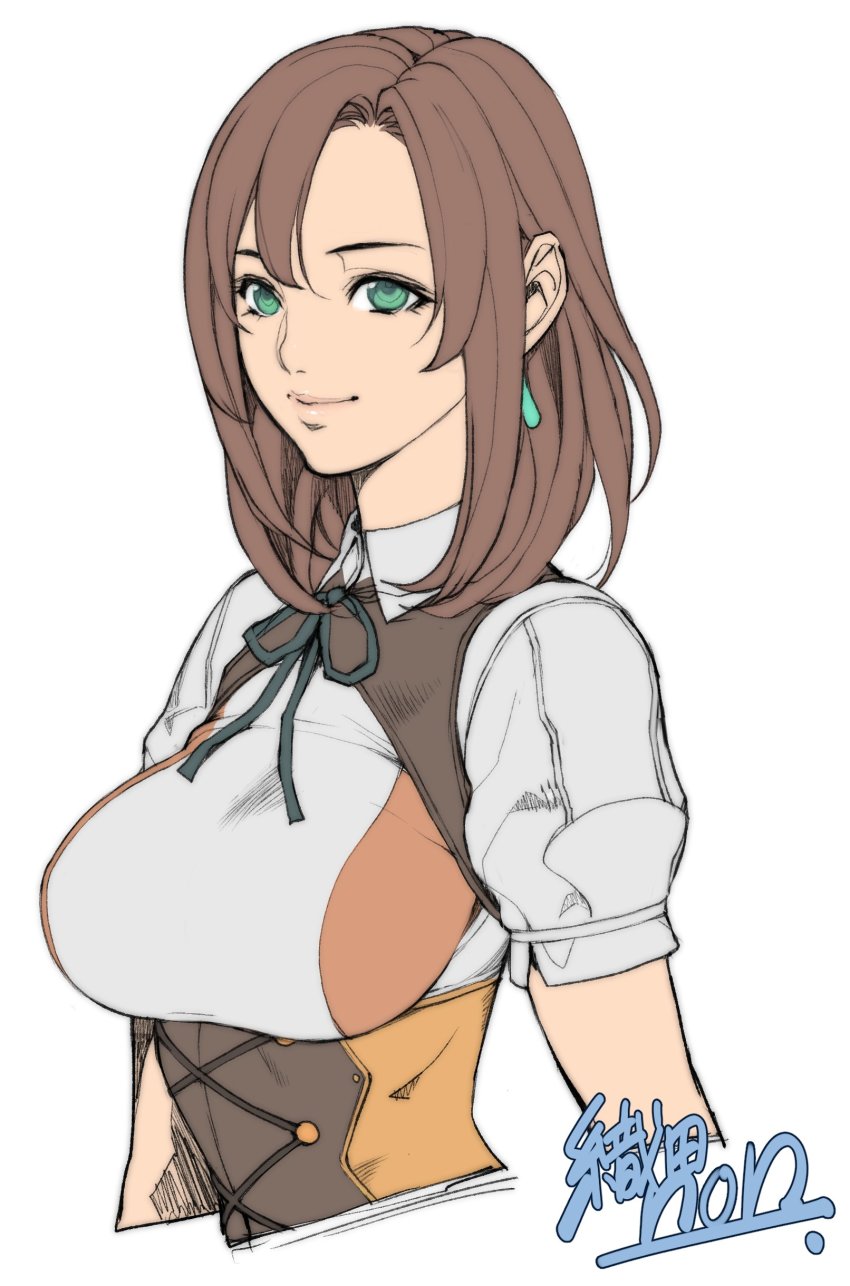 1girl absurdres artist_name bow bowtie breasts brown_hair earrings female_focus green_eyes highres jewelry lips long_hair medium_breasts metal_max metal_max_xeno oda_non official_art short_sleeves signature simple_background smile solo upper_body white_background
