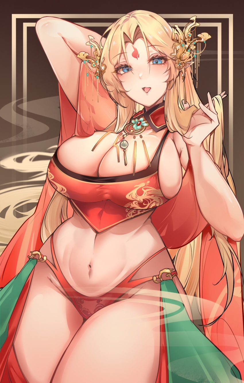 1girl azur_lane bare_shoulders blonde_hair blue_eyes breasts brest_(azur_lane) brest_(moonlit_night&#039;s_spring_vista)_(azur_lane) cleavage commentary cowboy_shot detached_collar gem hand_in_own_hair hands_in_own_hair highres huge_breasts kive long_hair looking_at_viewer midriff multi-strapped_panties official_alternate_costume open_mouth panties red_gemstone red_panties red_sarong sarong see-through_clothes skindentation solo underwear very_long_hair