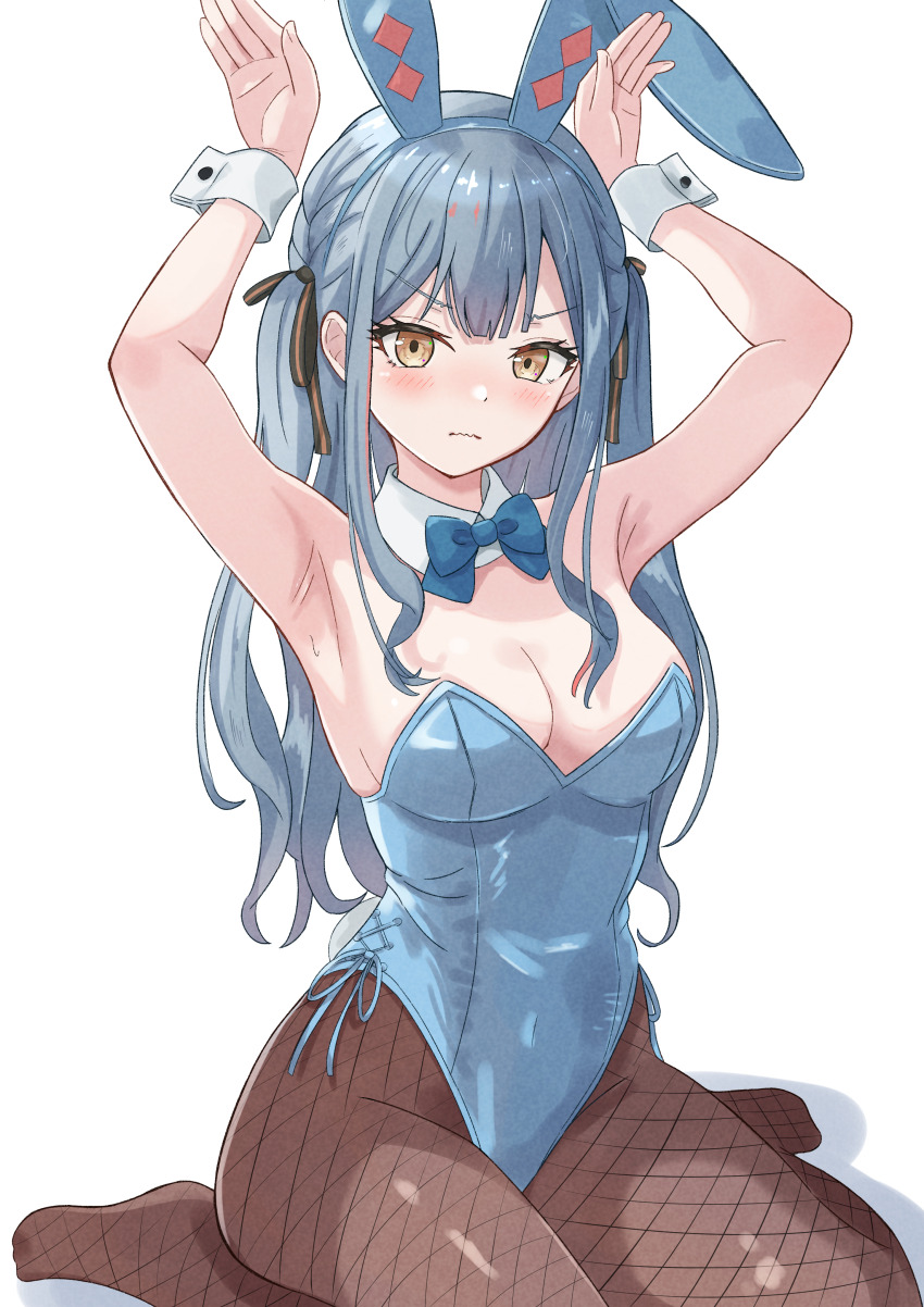 1girl absurdres animal_ears armpits bang_dream! bang_dream!_it&#039;s_mygo!!!!! beniyomogi black_pantyhose blue_hair blue_leotard blush braid breasts cleavage closed_mouth commentary_request fake_animal_ears highres large_breasts leotard long_hair no_shoes pantyhose partial_commentary playboy_bunny rabbit_ears sidelocks simple_background sitting solo strapless strapless_leotard sweatdrop togawa_sakiko variant_set wavy_mouth white_background white_wrist_cuffs wrist_cuffs yellow_eyes