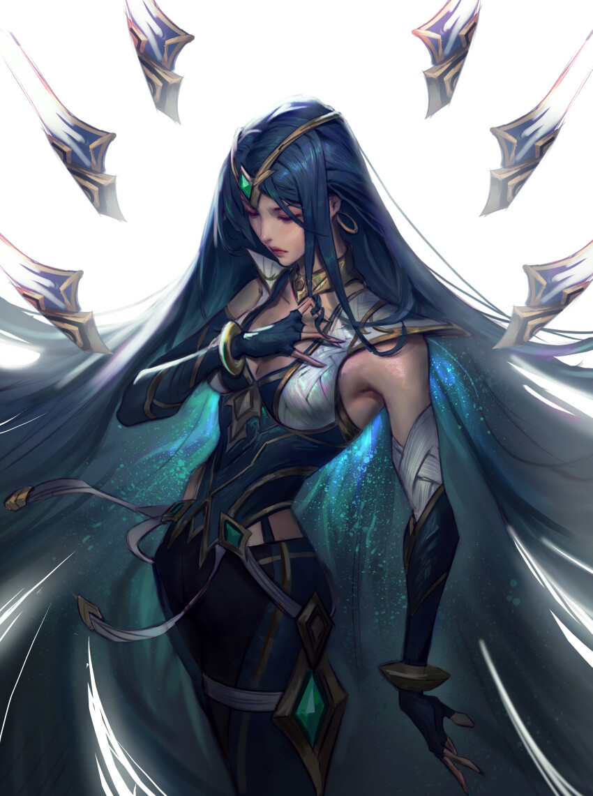 1girl absurdly_long_hair absurdres black_gloves blade blue_hair bracelet breasts cleavage closed_eyes collarbone commentary elbow_gloves english_commentary fingerless_gloves floating_hair gem gloves green_gemstone hair_ornament hand_on_own_chest haotian_gruru highres irelia jewelry league_of_legends light long_hair medium_breasts multiple_swords parted_bangs pink_lips sentinel_(league_of_legends) sentinel_irelia sidelocks simple_background solo standing thighs v-shaped_eyebrows very_long_hair white_background