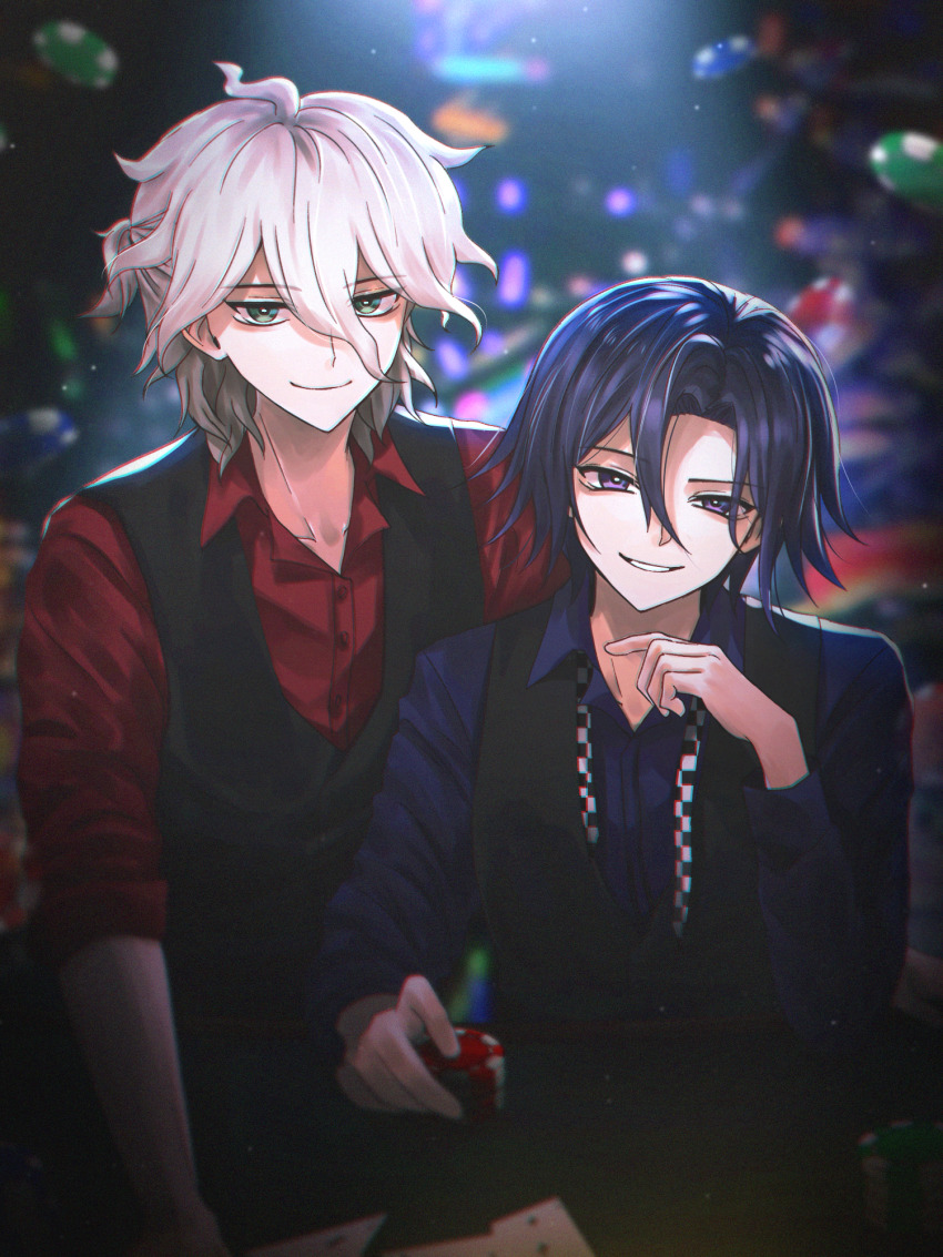 2boys alternate_costume arm_behind_back black_vest blouse collarbone collared_shirt danganronpa_(series) danganronpa_2:_goodbye_despair danganronpa_v3:_killing_harmony dress_shirt dress_vest film_grain formal_clothes gambling green_eyes hair_between_eyes hand_up height_difference highres holding komaeda_nagito looking_at_viewer matching_hair/eyes medium_hair messy_hair multiple_boys nose oma_kokichi pale_skin poker_chip porary purple_eyes purple_hair purple_shirt red_shirt shirt smile smirk suit suit_vest teeth upper_body upper_teeth_only vest white_hair