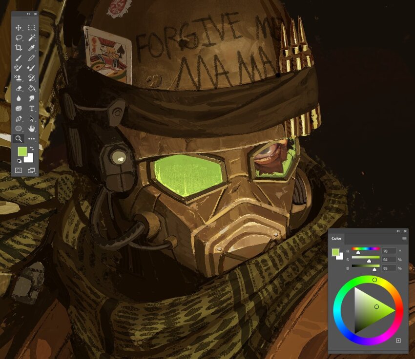 armor art_program_in_frame bullet close-up deimos_art english_text fallout:_new_vegas fallout gas_mask helmet looking_at_viewer mask ncr_veteran_ranger poker realistic scarf simple_background solo weapon