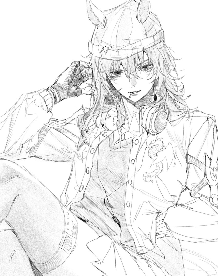 1girl adjusting_hair animal_ears beanie candy collared_shirt dragon_print earmuffs earmuffs_around_neck earphones ears_through_headwear fingerless_gloves food food_in_mouth gloves greyscale hair_between_eyes hand_in_own_hair hand_up hat highres horse_ears horse_girl jacket lollipop long_hair long_sleeves looking_at_viewer messy_hair monochrome nakayama_festa_(umamusume) open_clothes open_jacket parted_lips saibeo_tomato shirt simple_background sitting sleeves_rolled_up smile solo sweater thigh_strap thighhighs umamusume white_background