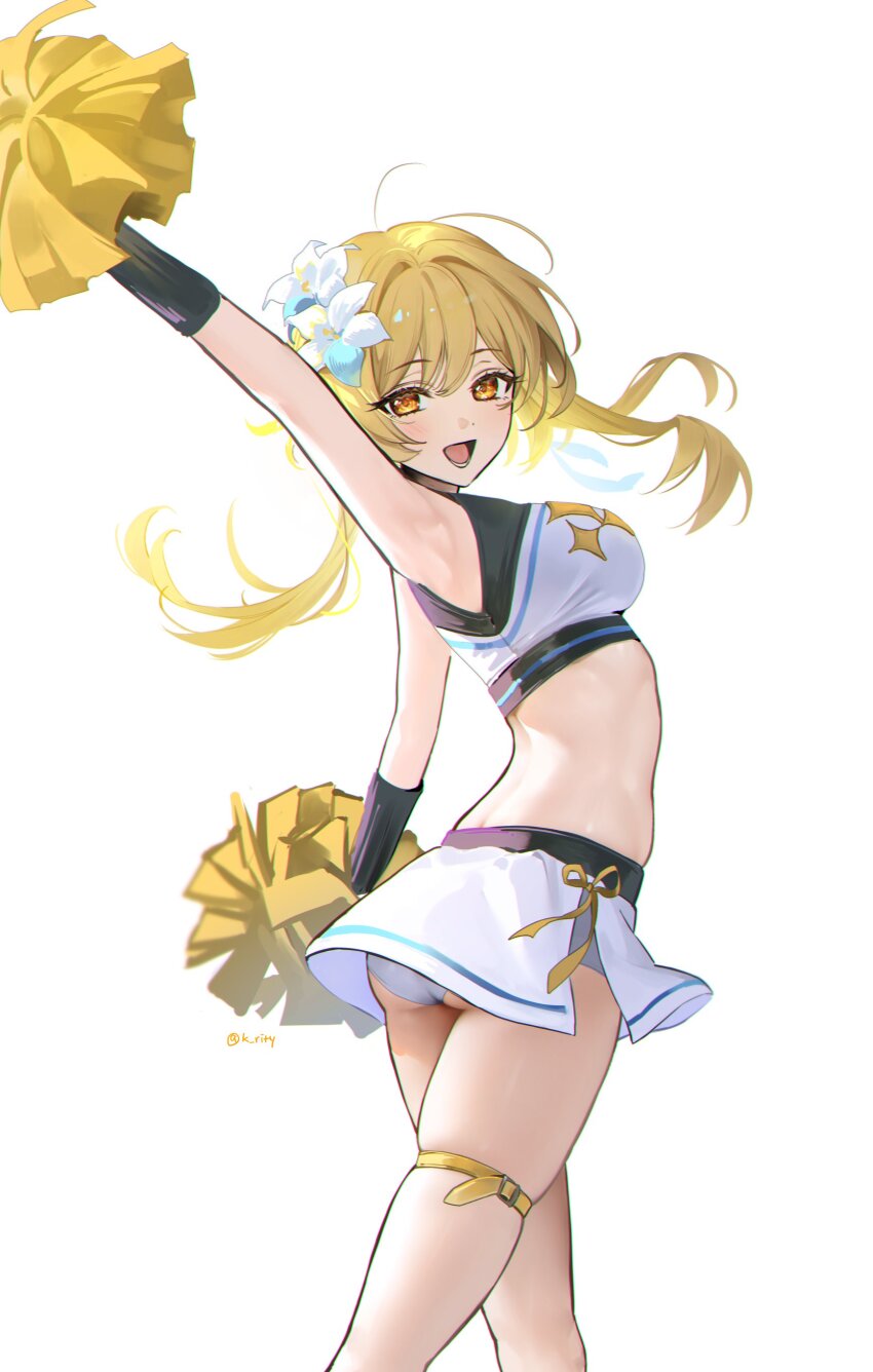 1girl :d absurdres arm_up armpits ass bare_arms blonde_hair breasts cheerleader cowboy_shot crop_top flower genshin_impact grey_panties hair_flower hair_ornament highres holding holding_pom_poms large_breasts long_hair looking_at_viewer lumine_(genshin_impact) midriff miniskirt open_mouth panties pom_pom_(cheerleading) pom_poms rity simple_background skirt smile solo standing thigh_strap thighs underwear white_background white_flower white_skirt yellow_eyes