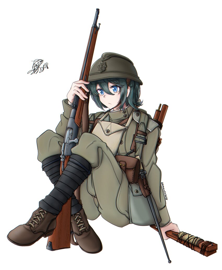 :/ absurdres adrian_helmet ammunition_pouch bayonet belt_pouch between_legs blue_eyes blue_hair bolt_action boots combat_helmet combat_webbing crossed_legs emblem epaulettes explosive expressionless french_army grenade gun gun_sling helmet high_collar highres holding holding_grenade holding_gun holding_weapon imperial_insignia insignia lace-up_boots leather leather_boots leather_strap lebel_model_1886 load_bearing_equipment long_sleeves looking_afar military mmmn540d88 original pants pouch puttee rifle russia russian_empire russian_ground_forces shirt signature simple_background soldier stick_grenade suspenders two-headed_eagle weapon white_background white_shirt world_war_i