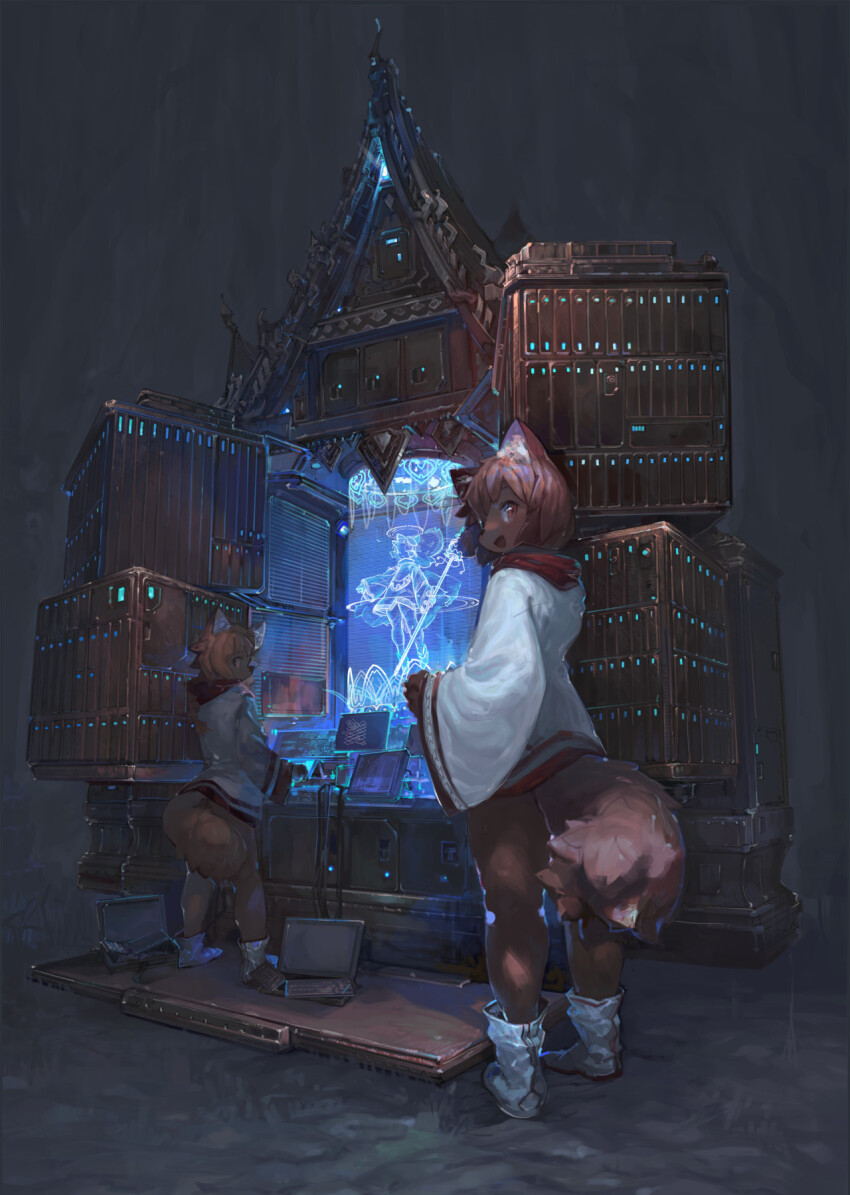 2girls :d animal_ears animal_nose boots brown_hair cable commentary computer denchou dog_ears dog_girl dog_tail english_commentary furry furry_female glowing grey_background highres hologram hood hood_down looking_back monitor multiple_girls open_mouth original science_fiction shrine sideways_glance smile standing tail