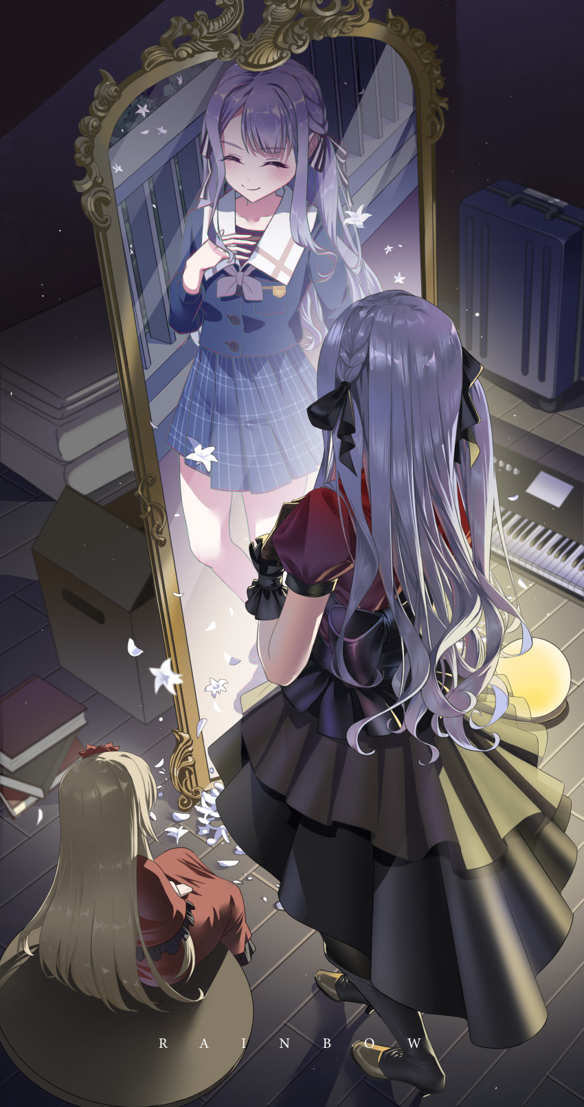 2girls absurdres bang_dream! bang_dream!_it&#039;s_mygo!!!!! black_ribbon blonde_hair blue_shirt blue_skirt book book_stack box cardboard_box character_request closed_mouth commentary_request different_reflection dress dual_persona from_behind full-length_mirror full_body hair_ribbon hand_on_own_chest high_heels highres indoors instrument keyboard_(instrument) long_hair long_sleeves looking_at_mirror mirror multiple_girls oblivionis_(bang_dream!) plaid_clothes plaid_skirt puffy_short_sleeves puffy_sleeves red_dress reflection ribbon rolling_suitcase sailor_collar school_uniform serafuku shirt short_sleeves skirt smile standing suitcase togawa_sakiko tsukinomori_school_uniform white_sailor_collar winter_uniform wo_hui_fazhe_dai_ranhou_tu_caihong wooden_floor