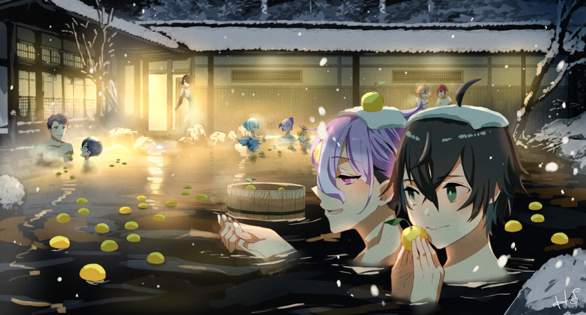 6+boys ahoge architecture azuki_nagamitsu_(touken_ranbu) bathing black_hair blue_eyes blue_hair brown_hair bucket east_asian_architecture gotou_toushirou green_eyes houhou_(black_lack) kenshin_kagemitsu kousetsu_samonji male_focus minamoto_kiyomaro multiple_boys nagasone_kotetsu onsen open_mouth orange_hair partially_submerged ponytail purple_eyes purple_hair red_hair sayo_samonji shinano_toushirou smile snow snowing souza_samonji suishinshi_masahide touken_ranbu towel towel_on_head tree urashima_kotetsu yuzu_(fruit)