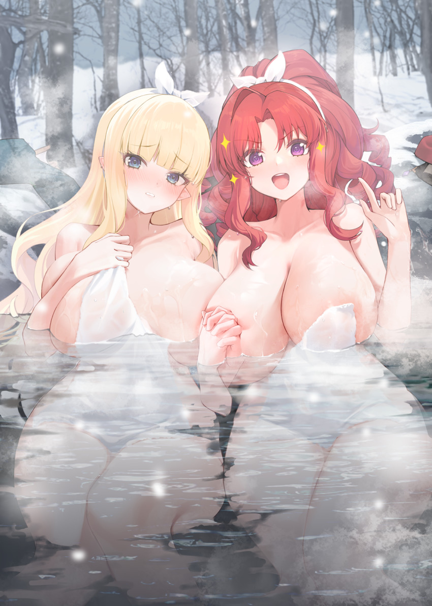 2girls akino_(princess_connect!) areola_slip blonde_hair blue_eyes breasts cleavage closed_mouth collarbone hair_ornament hairband hands_up highres holding_hands large_breasts long_hair looking_at_viewer multiple_girls naked_towel onsen open_mouth outdoors parted_bangs partially_submerged pointy_ears princess_connect! purple_eyes red_hair saren_(princess_connect!) sidelocks smile snow thighs towel tree water white_hairband xiujia_yihuizi