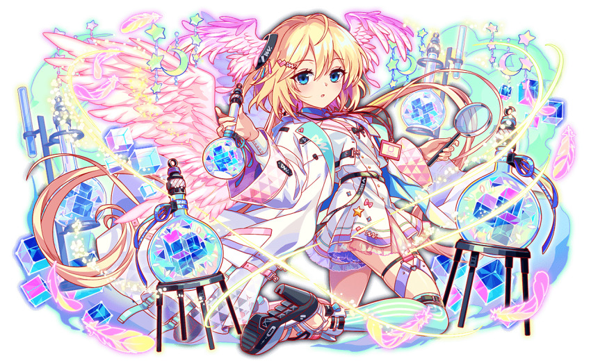 1girl ahoge alternate_wing_color ankle_boots aqua_collar aqua_eyes aqua_thighhighs artist_request belted_jacket black_bow black_jacket blue_collar boots bow buttoned_cuffs buttons cel_shading coat collar collared_coat collared_jacket crash_fever crescent_ornament cropped_jacket cube feathers flask frilled_skirt frills full_body game_cg hair_ornament head_wings heart heart_hair_ornament holding holding_magnifying_glass hood hooded_coat jacket jung_(crash_fever) lanyard light_particles long_hair long_sleeves looking_at_viewer magnifying_glass maxi_shirt medium_hair name_tag number_print numbered official_alternate_wing_color official_art open_clothes open_coat open_jacket outline pink_sailor_collar pink_wings pocket purple_feathers purple_trim purple_wings red_outline round-bottom_flask sailor_collar see-through_skirt_layer shirt shirt_bow shoe_soles side_slit skirt sleeve_cuffs solo square square_print star_ornament striped_clothes striped_collar striped_thighhighs tachi-e thigh_strap thighhighs third-party_source transparent_background undershirt vertical-striped_clothes vertical-striped_thighhighs very_long_hair white_boots white_coat white_collar white_hood white_jacket white_shirt white_sleeve_cuffs white_sleeves white_undershirt wide_sleeves wings