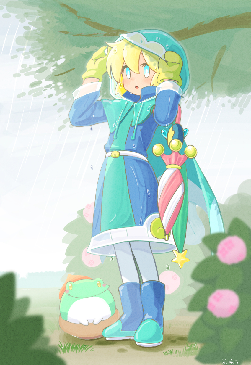 1boy absurdres blue_raincoat blurry blurry_foreground boots closed_umbrella coat day flower frog hands_up highres hood hooded_coat mittens motimoti_mgmg otomo_(puyopuyo) outdoors puyopuyo puyopuyo_quest rain raincoat rubber_boots solo tree umbrella water_drop wet yellow_mittens