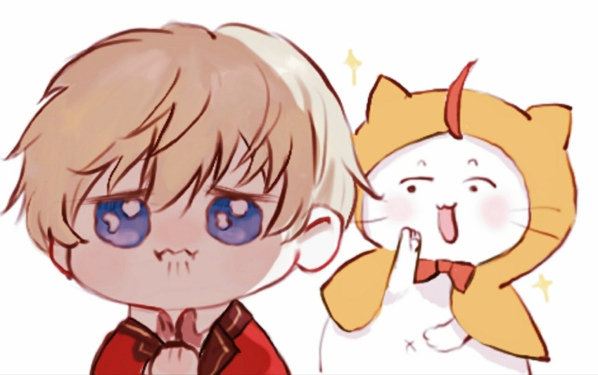 1boy ahoge animal ascot black_eyes blonde_hair blue_eyes bow bowtie cat chibi chinese_commentary cloak closed_mouth clothed_animal collared_jacket collared_shirt commentary_request ear_covers facial_mark frown hand_on_own_cheek hand_on_own_face high_collar hood hood_up hooded_cloak jacket jiaopiupiu lapels laughing light_blush loen_(shining_nikki) looking_at_another looking_at_viewer male_focus momo_(nikki) navel nikki_(series) notched_lapels open_clothes open_jacket open_mouth pout red_bow red_bowtie red_jacket sad shining_nikki shirt short_hair simple_background smile solid_circle_eyes sparkle traditional_bowtie upper_body wavy_mouth whisker_markings white_ascot white_background white_cat white_shirt yellow_cloak