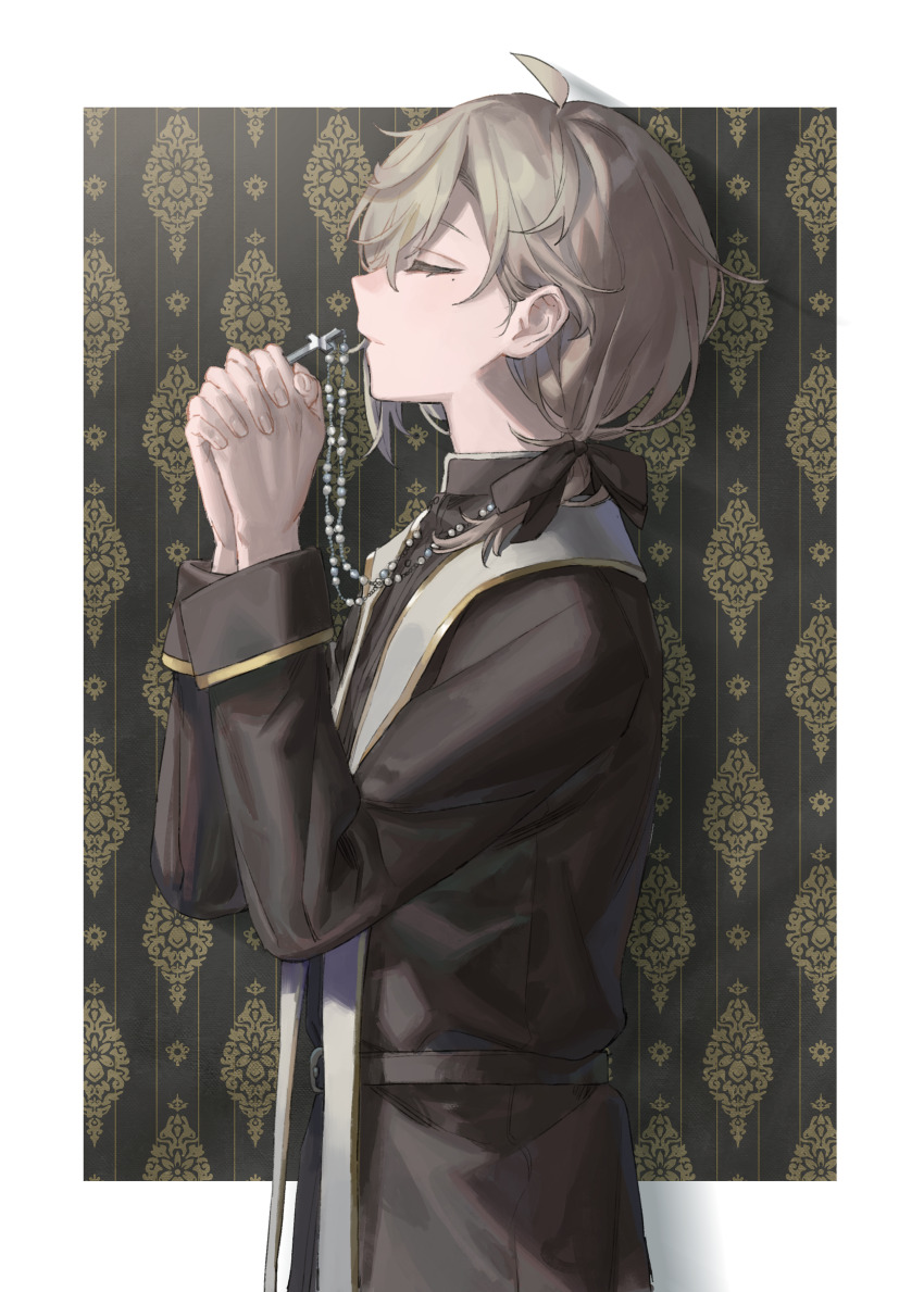 1boy absurdres black_bow border bow brown_hair cassock clerical_collar closed_eyes commentary_request cowboy_shot hair_bow highres holding_rosary kanae_(5th_costume)_(nijisanji) kanae_(nijisanji) long_sleeves male_focus nijisanji own_hands_clasped own_hands_together patterned_background priest short_hair simple_background solo torino_kawazu upper_body virtual_youtuber white_background