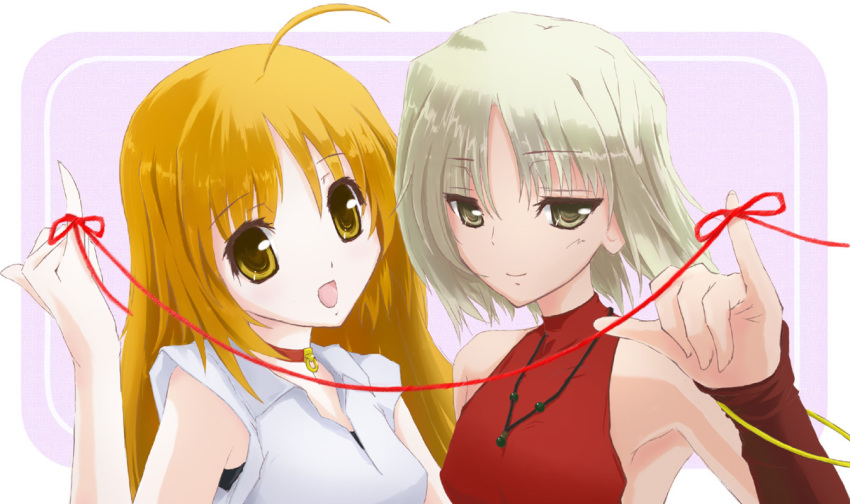 2girls 428 428:_fuusa_sareta_shibuya_de bare_shoulders blonde_hair brown_eyes canaan_(character) canaan_(series) choker chunsoft grey_eyes jewelry long_hair multiple_girls necklace oosawa_maria short_hair sleeveless sleeveless_turtleneck string string_of_fate turtleneck white_hair yellow_eyes
