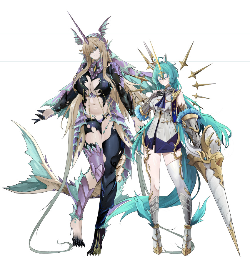 2girls absurdres ahoge animal_ears ankle_fins armored_boots ascot bare_shoulders black_sclera blonde_hair blue_ascot blue_eyes boots breasts colored_eyelashes colored_sclera commentary_request dress fins full_body gauntlets green_hair green_veil hair_between_eyes hair_over_one_eye highres holding holding_polearm holding_weapon horns horse_ears horse_girl imperator_(wuthering_waves) knee_boots lance large_breasts leviathan_(wuthering_waves) long_hair long_horns looking_at_viewer monster_girl multiple_girls multiple_views mutation navel one_eye_closed parted_lips personification polearm reference_sheet simple_background single_horn single_thighhigh smile stomach tacet_mark_(wuthering_waves) tail thighhighs thighs transparent_background veil very_long_hair weapon white_background white_dress white_thighhighs will2012tw wuthering_waves yellow_eyes yellow_horns