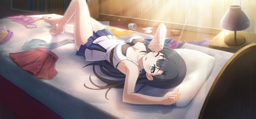 1girl bare_shoulders bedroom belt belt_around_waist black_hair blue_skirt breasts brown_belt cleavage game_cg green_eyes head_on_pillow highres indoors kono_subarashii_sekai_ni_shukufuku_wo! konosuba!_fantastic_days lia_(konosuba) light_blush long_hair lying medium_breasts messy_room official_art on_back on_bed one_eye_closed pillow shirt skirt sleepy sleeveless sleeveless_shirt solo third-party_edit unworn_clothes white_shirt