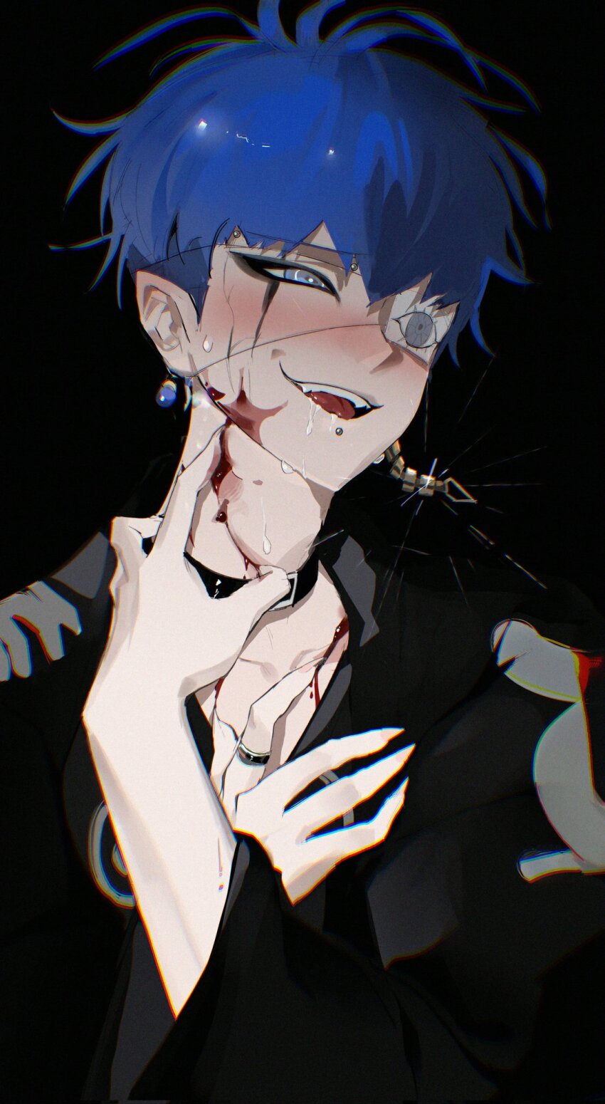 1boy black_background black_collar black_haori bleeding blood blood_on_chest blood_on_face blood_on_neck blue_eyes blue_hair blush collar earrings eyepatch face_piercing fingernails haori highres injury jacket japanese_clothes jewelry labret_piercing male_focus nose_blush omokage_yugamu parted_lips piercing ring saliva self-harm sharp_fingernails simple_background solo sweat the_hundred_line_-last_defense_academy- upper_body zai_ya