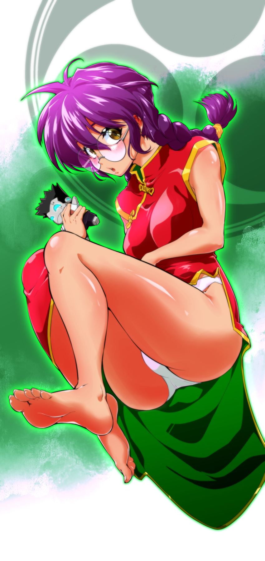 1girl absurdres aota13 arm_under_breasts bare_legs barefoot braid breasts brown_eyes china_dress chinese_clothes dress feet from_below glasses highres holding holding_toy medium_breasts oogami_ichirou open_mouth panties purple_hair red_dress ri_kouran round_eyewear sakura_taisen sidelocks solo toy toy_robot twin_braids underwear white_panties