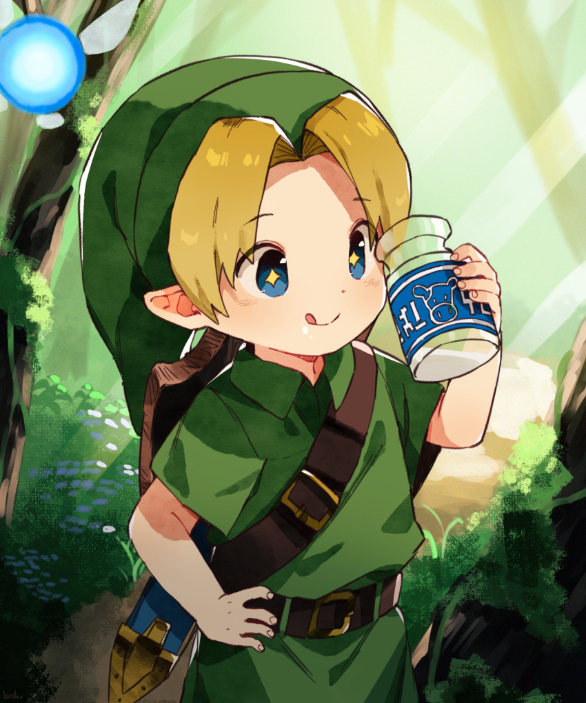 1boy :q belt belt_buckle blonde_hair blue_eyes bottle brown_belt buckle child deku_shield fairy forest green_hat green_tunic hand_on_own_hip hat highres link male_focus milk milk_bottle nature navi nemui_(nemuriyagi) nintendo shield shield_on_back short_hair short_sleeves shoulder_belt solo sparkling_eyes sword sword_on_back textless_version the_legend_of_zelda the_legend_of_zelda:_ocarina_of_time tongue tongue_out tunic upper_body weapon weapon_on_back wooden_shield young_link