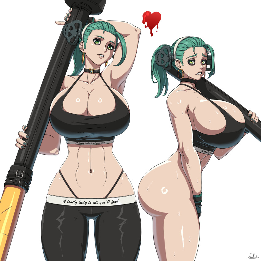1girl a.b.a absurdres aqua_hair arm_up armpits artist_request ass bags_under_eyes bottomless breasts choker cleavage curvy earrings female_focus fingerless_gloves gloves green_eyes guilty_gear guilty_gear_strive heart highres hoop_earrings huge_ass huge_breasts jewelry looking_at_viewer medium_hair nail_polish navel ponytail sideboob skindentation solo sweat thong