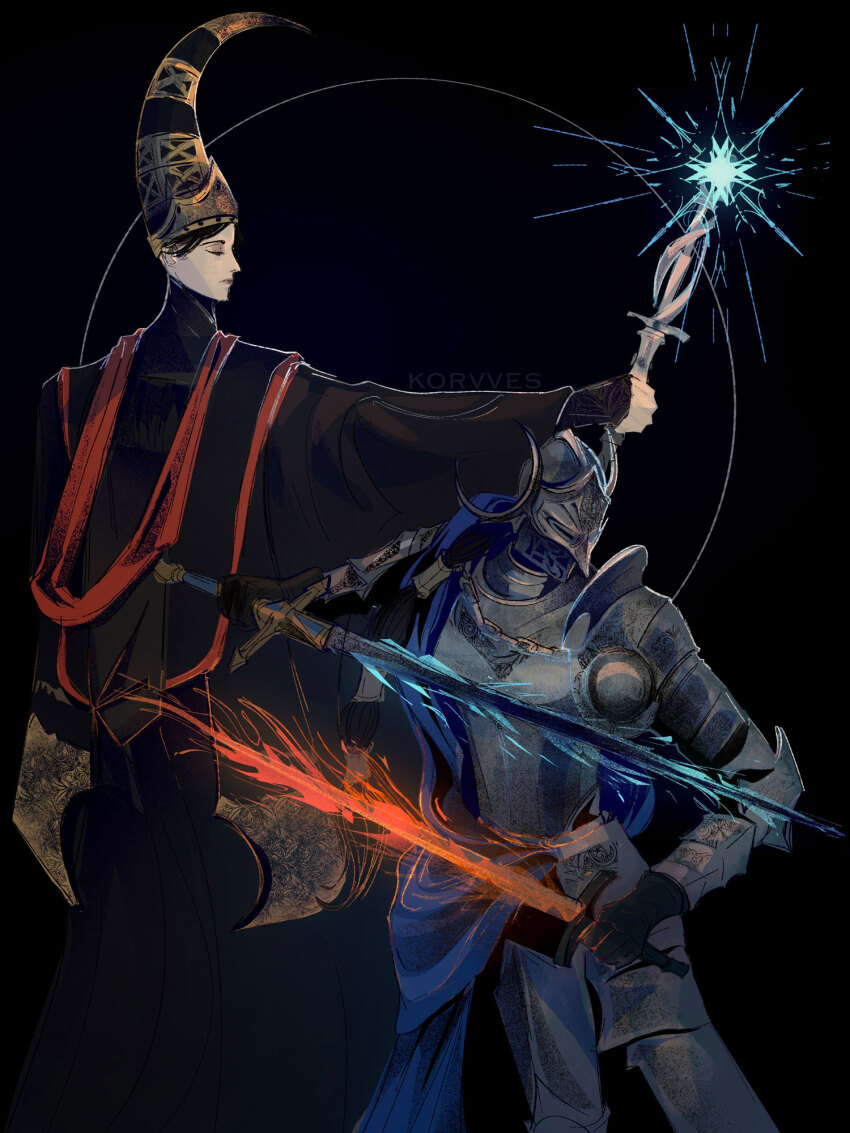 2girls armor black_background black_robe casting_spell commentary dual_wielding elden_ring elden_ring:_shadow_of_the_erdtree english_commentary fake_horns fire flaming_sword flaming_weapon full_armor gauntlets hat helm helmet highres holding holding_staff horned_helmet horns korvves magic multiple_girls rellana_twin_moon_knight rennala_queen_of_the_full_moon robe simple_background staff stole wizard_hat