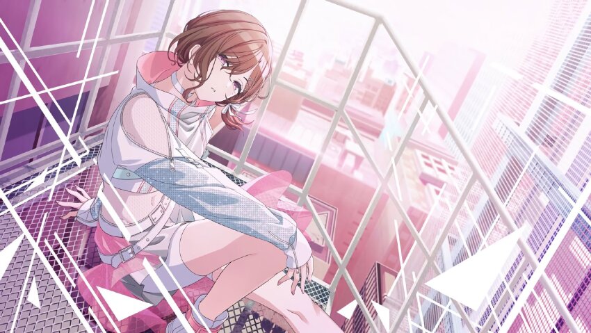 1girl belt bow building choker gauze_on_hip highres higuchi_madoka idolmaster idolmaster_shiny_colors long_sleeves open_mouth pink_nails see-through_clothes shorts side_ponytail sitting stairs white_bow